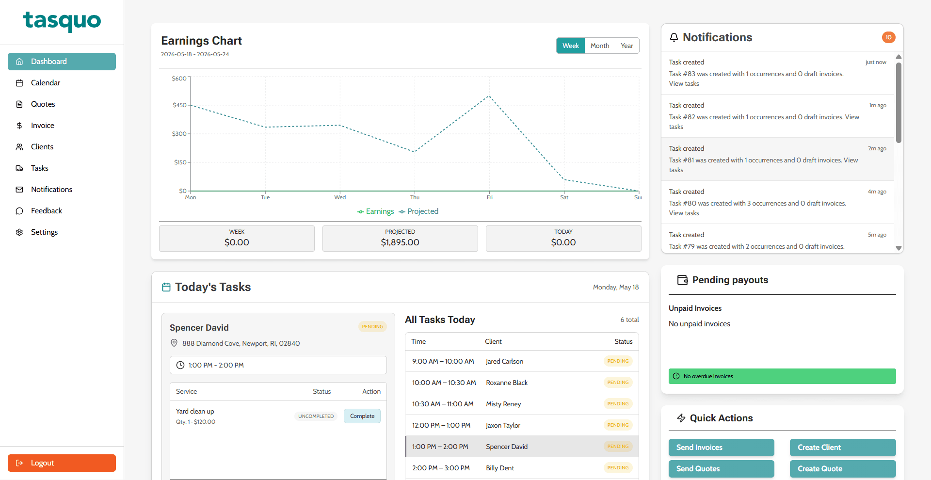 Tasquo dashboard screenshot showing earnings, tasks, notifications, payouts, and quick actions